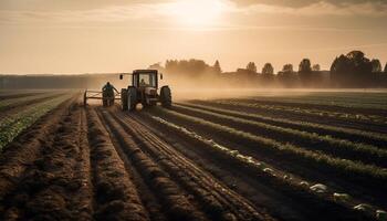 Farm worker driving tractor prepares for harvest generated by AI photo