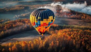 Vibrant hot air balloon adventure in autumn sky generated by AI photo