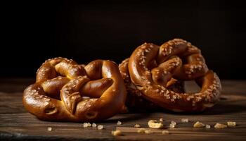 dorado horneado pretzels en rústico de madera mesa generado por ai foto