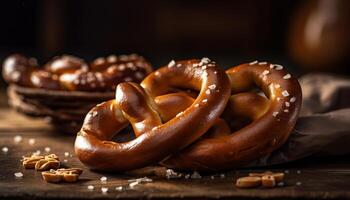 Rustic pretzel stack, crunchy sweetness on table generated by AI photo