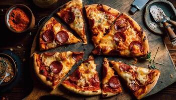 Freshly baked rustic gourmet Italian pepperoni pizza meal generated by AI photo