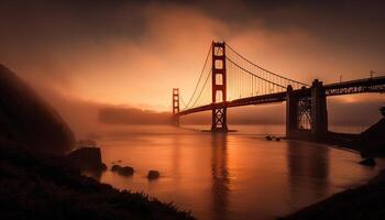 Suspension bridge illuminates blue tranquil waters edge generated by AI photo