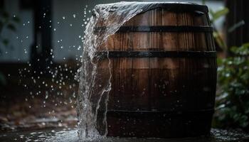 Liquid pouring into barrel, reflecting old winery generated by AI photo