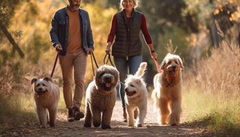 sonriente hombres y mujer caminando perros al aire libre generado por ai foto