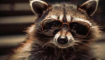 linda terrier perrito en Gafas de sol se sienta al aire libre mimado generado por ai foto