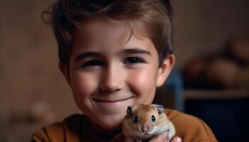 Cute boy smiles holding pet rodent indoors generated by AI photo