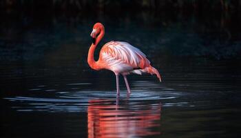 Elegant pink flamingo wading in tranquil pond generated by AI photo