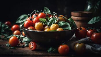 Fresh organic vegetarian salad on rustic wooden table generated by AI photo