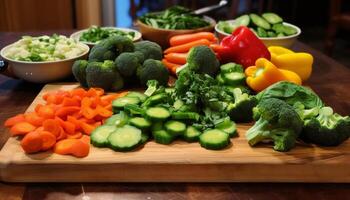 Fresh vegetables and fruit make delicious gourmet salad generated by AI photo