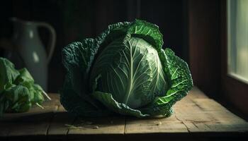 Fresco vegetal ensalada en rústico de madera mesa adentro generado por ai foto