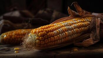 Fresh sweetcorn on rustic table in autumn generated by AI photo