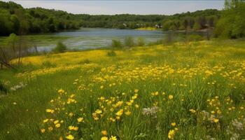 Vibrant yellow daisy blossoms in tranquil meadow generated by AI photo