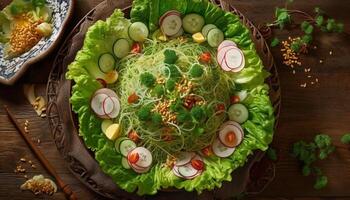 Fresco gastrónomo ensalada hecho con orgánico vegetales generado por ai foto