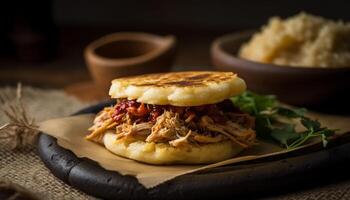 Grilled pulled pork sandwich, homemade coleslaw generated by AI photo