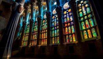 Stained glass illuminates majestic Gothic basilica interior generated by AI photo
