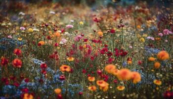 Vibrant wildflowers bloom in tranquil meadow landscape generated by AI photo