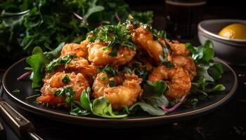 Grilled seafood and salad for a healthy lunch generated by AI photo