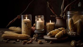 Candlelit autumn celebration with rustic pumpkin decor generated by AI photo