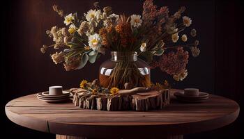 Rustic flower vase decorates wooden indoor table generated by AI photo