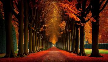 Vibrant autumn leaves illuminate tranquil forest at dusk generated by AI photo