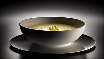 Healthy vegetable soup in elegant black bowl generated by AI photo