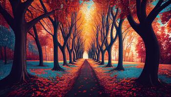 Autumn forest, multi colored leaves paint landscape beauty generated by AI photo