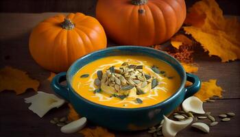 Pumpkin soup in a rustic wooden bowl generated by AI photo