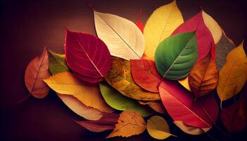 Multicolored autumn leaves on tree branch close up generated by AI photo