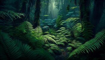 Mysterious tropical rainforest glows with lush greenery generated by AI photo