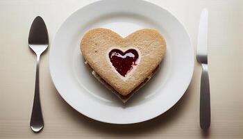 Heart shaped dessert fresh shortbread, raspberry, chocolate generated by AI photo