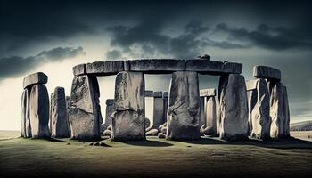 Ancient megaliths stand tall in dramatic sky generated by AI photo