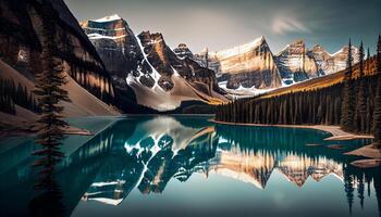 montaña paisaje tranquilo aguas, majestuoso rocoso picos generado por ai foto