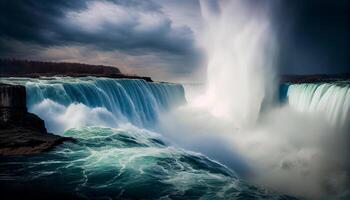 majestuoso acantilados, mojado con fluido agua rociar generado por ai foto