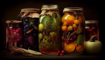 Freshly picked pickled vegetables in glass jar generated by AI photo