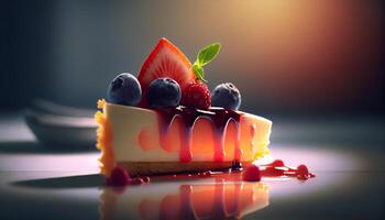 Wooden plate filled with gourmet berry cheesecake generated by AI photo