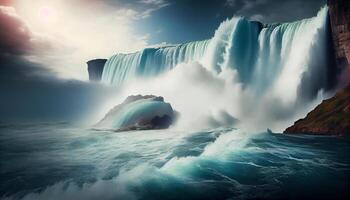 Majestic cliff, spray from wave, beauty awe inspiring generated by AI photo