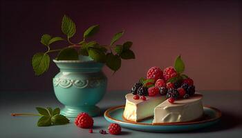 Fresh organic berry cheesecake plate Healthy indulgence dessert generated by AI photo