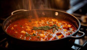 Gourmet soup cooking on stove top burner generated by AI photo