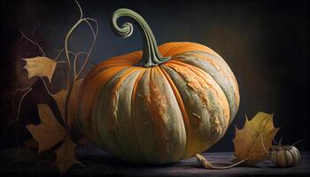 Glowing lantern among ripe pumpkin decoration symbolizes Halloween generated by AI photo