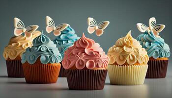 Baked ornate cupcakes with colorful gourmet decoration generated by AI photo