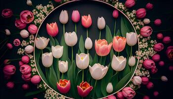 Tulip bouquet in nature, pink and purple petals generated by AI photo