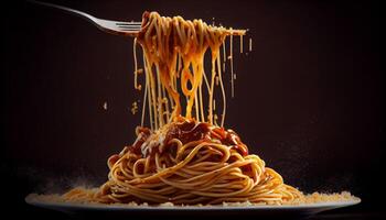 Pasta with homemade bolognese sauce and parmesan cheese generated by AI photo