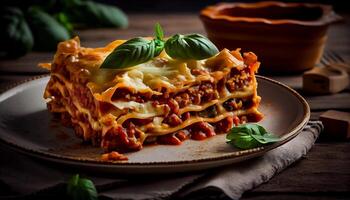 Baked lasagna with fresh tomato, meat Mozzarella generated by AI photo