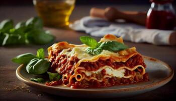 Freshly baked homestyle lasagna on rustic wood generated by AI photo