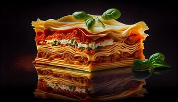 Freshly made baked lasagna on yellow plate generated by AI photo