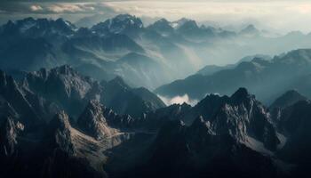 majestuoso montaña rango asoma mediante Mañana niebla generado por ai foto