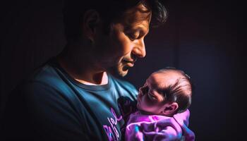 Father embracing newborn baby, pure love achieved generated by AI photo