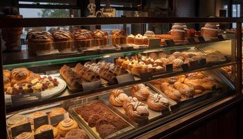 gastrónomo horneado pasteles en francés Tiendas Delicatessen monitor generado por ai foto