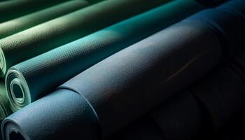 Blue exercise mat, rolled up for yoga generated by AI photo