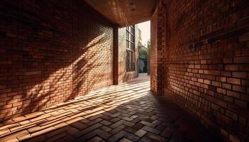 Ancient brick wall vanishing into modern architecture generated by AI photo